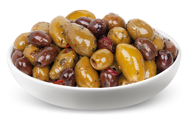 Pitted mixed olives with chili in sunflower oil