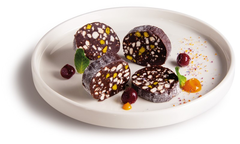 Salame al cioccolato, pistacchi e amarene